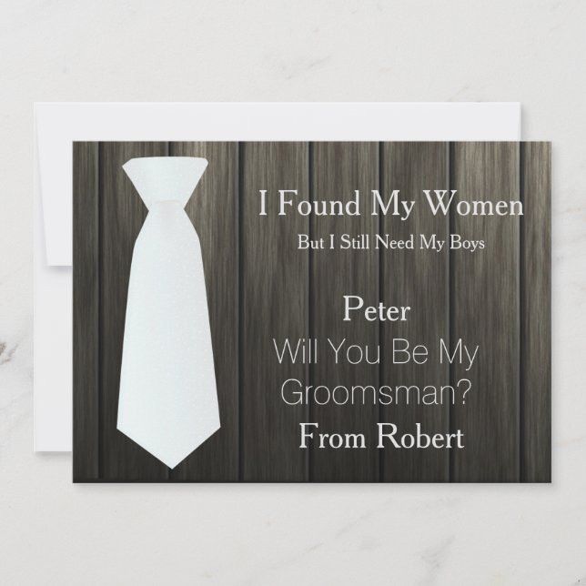Will You Be My Groomsman white Tie Wooden Invitation (Front)