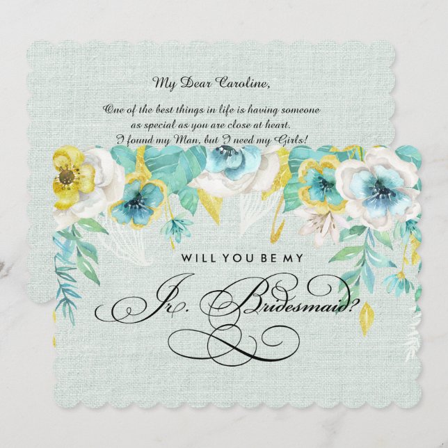 Will you be my Jr.Bridesmaid? Mint Floral Burlap Invitation (Front/Back)