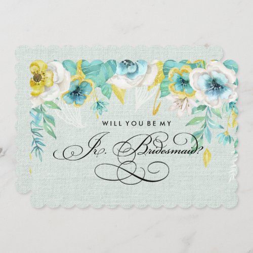 Will you be my JrBridesmaid Mint Floral Burlap Invitation