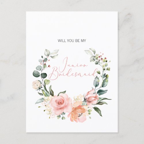 Will You Be My Jr. Bridesmaid Pink Script Floral Invitation Postcard