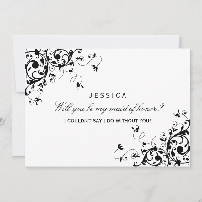 Will You Be My Maid Of Honor? Black & White Swirls Invitation (Front)