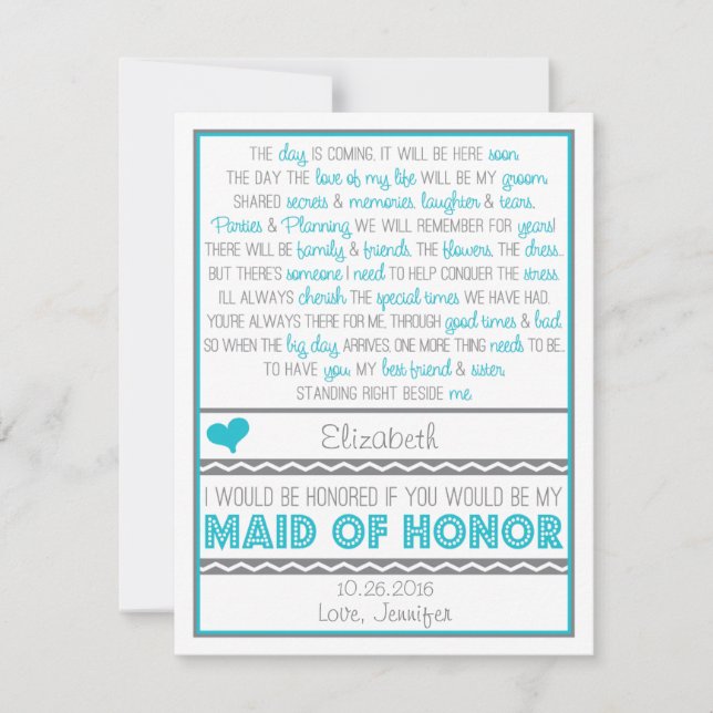 Will you be my Maid of Honor? Blue/Gray Poem Card (Front)