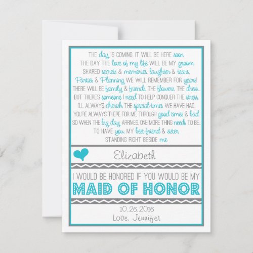 Will you be my Maid of Honor? Blue/Gray Poem Card