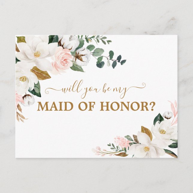 Will You Be My Maid of Honor Blush Pink Floral Postcard (Front)