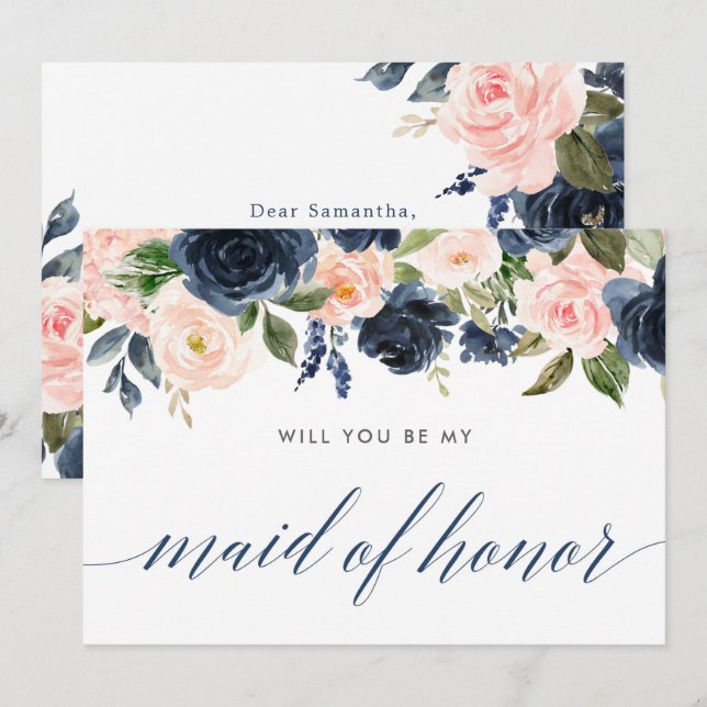 Will you be my maid of honor blush pink navy blue invitation (Front/Back)