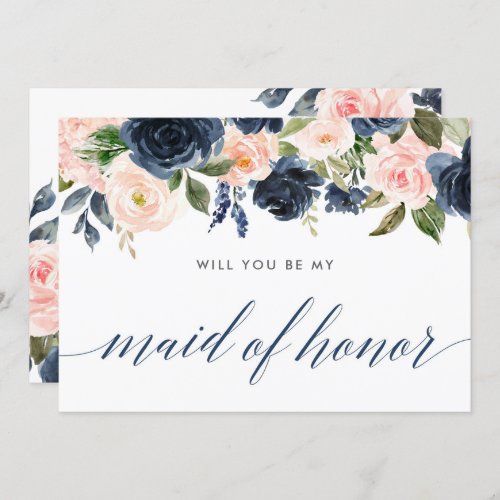 Will you be my maid of honor blush pink navy blue invitation