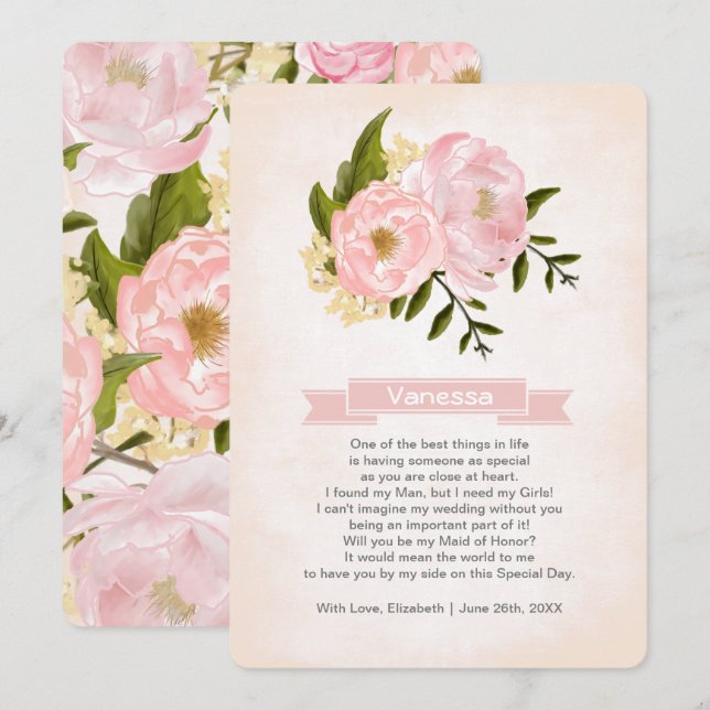 Will you be my Maid of Honor? Blush Pink Peonies Invitation (Front/Back)