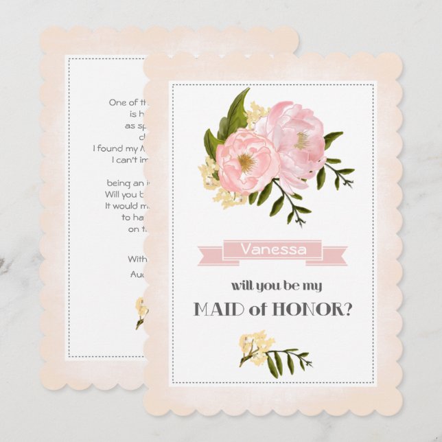 Will you be my Maid of Honor? Blush Pink Peonies Invitation (Front/Back)