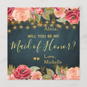 Will you be my maid of honor blush roses on navy invitation