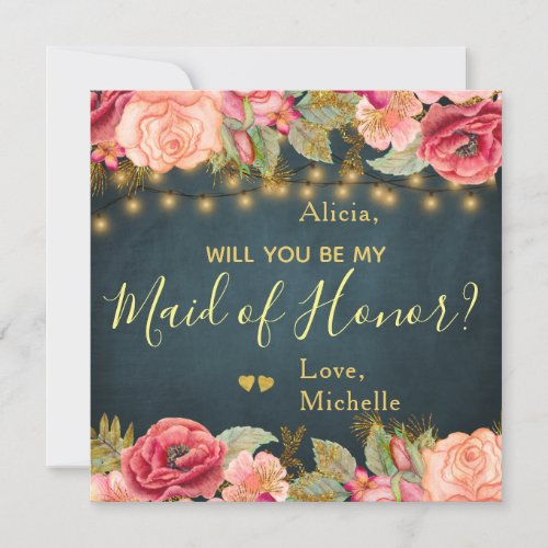 Will you be my maid of honor blush roses on navy invitation