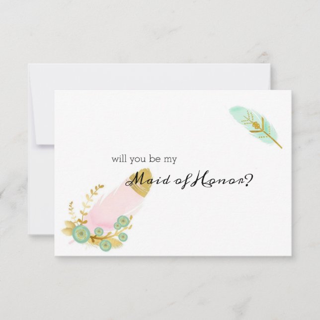 Will You Be My Maid of Honor Boho Feathers Pink (Front)