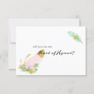Will You Be My Maid of Honor Boho Feathers Pink