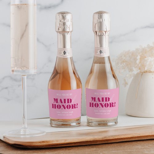 Will You Be My Maid of Honor Bold Pink Bach Sparkling Wine Label