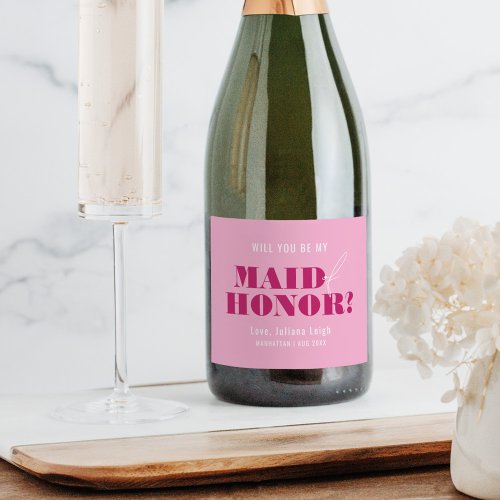 Will You Be My Maid of Honor Bold Pink Bach Sparkling Wine Label