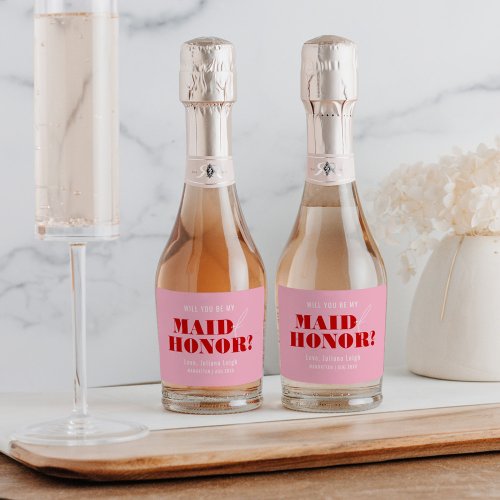 Will You Be My Maid of Honor Bold Pink  Red Sparkling Wine Label