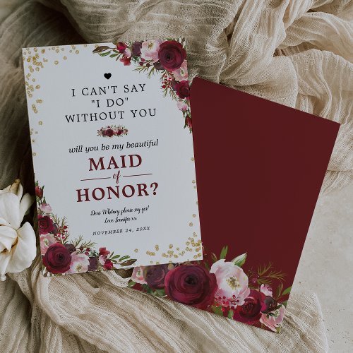 Will you be my Maid of Honor  Burgundy Blush Invitation