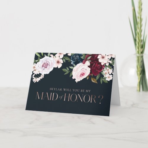 Will You Be My Maid of Honor Burgundy Navy Florals Card