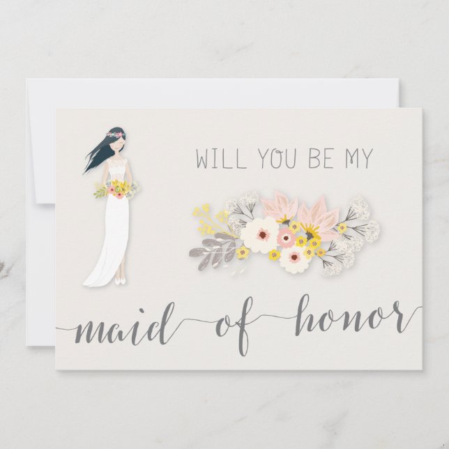 Will You Be My Maid Of Honor Cards Girl Black Hair (Front)