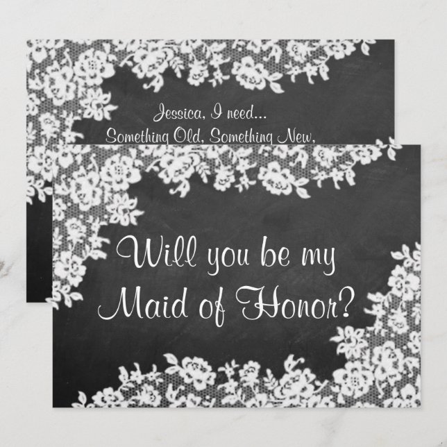 Will You Be My Maid of Honor? Chalkboard & Lace Invitation (Front/Back)