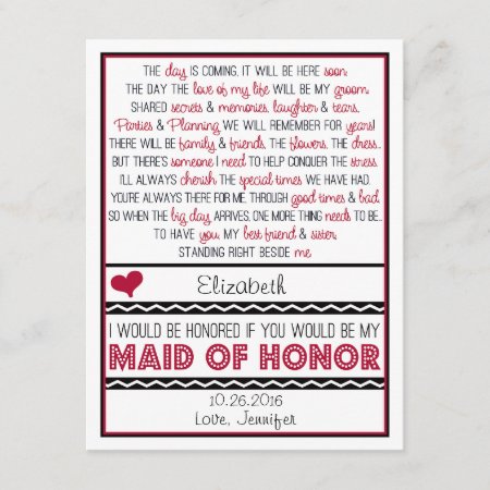 Will You Be My Maid Of Honor? Deep Red/black Poem Invitation