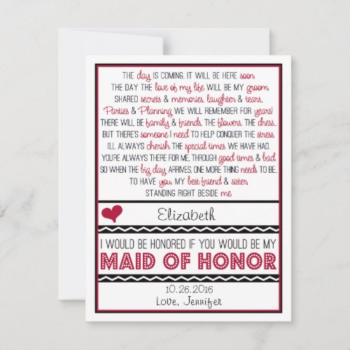 Will you be my Maid of Honor Deep RedBlack Poem Invitation