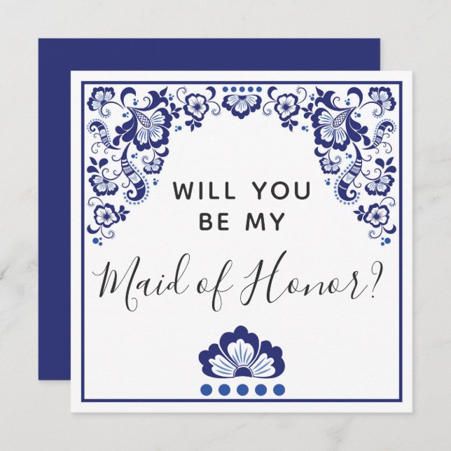 Will You Be My Maid of Honor? Delfts Blauw Delft Invitation (Front/Back)