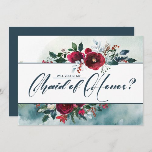 Will you be my Maid of Honor Dusty Blue  Burgundy Invitation
