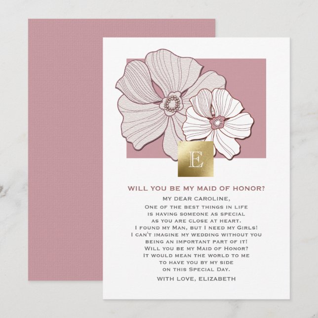 Will you be my Maid of Honor? Dusty Rose Floral Invitation (Front/Back)