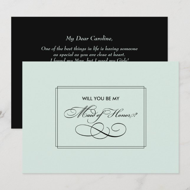 Will you be my Maid of Honor? Elegant Mint Black  Invitation (Front/Back)