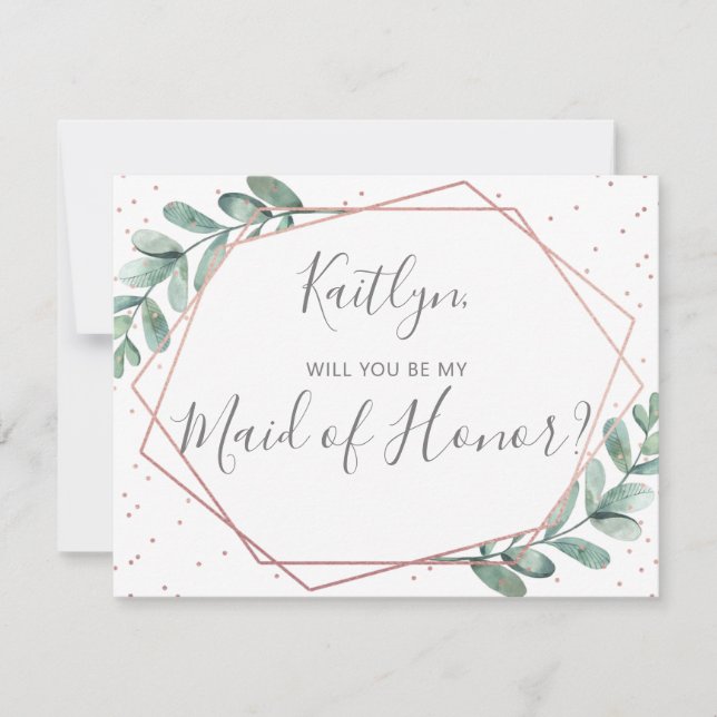Will You Be My Maid Of Honor Eucalyptus Geometric (Front)
