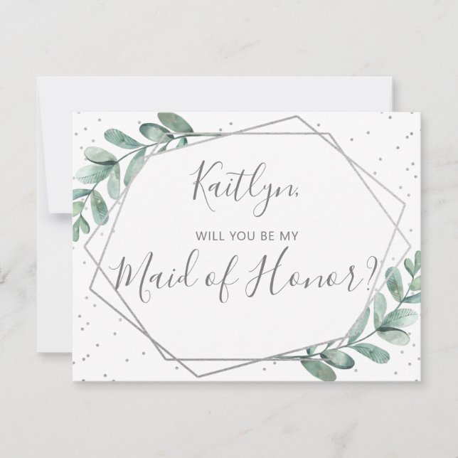 Will You Be My Maid Of Honor Eucalyptus Geometric (Front)