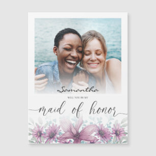 Will You Be My Maid of Honor Floral Pink Photo Magnetic Invitation