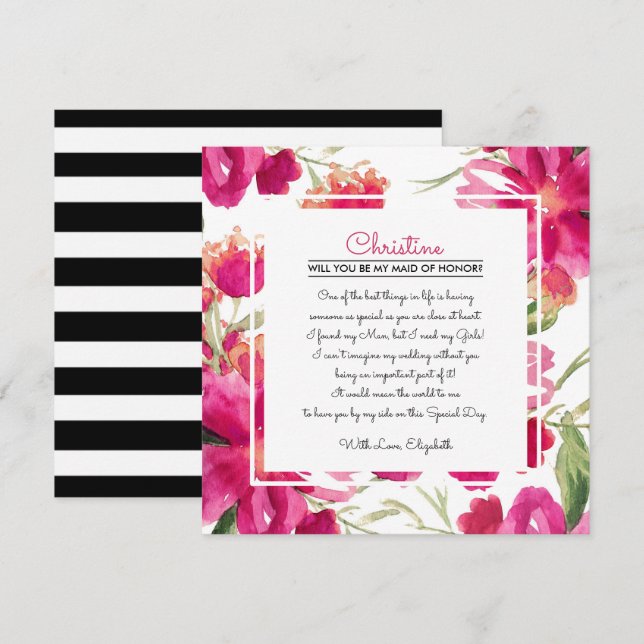 Will you be my Maid of Honor? Fuchsia Floral  Invitation (Front/Back)