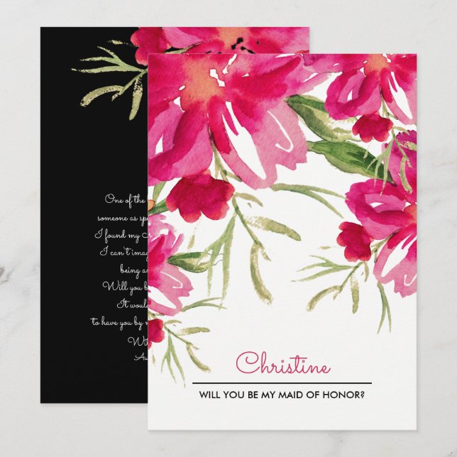 Will you be my Maid of Honor? Fuchsia Floral Invitation (Front/Back)