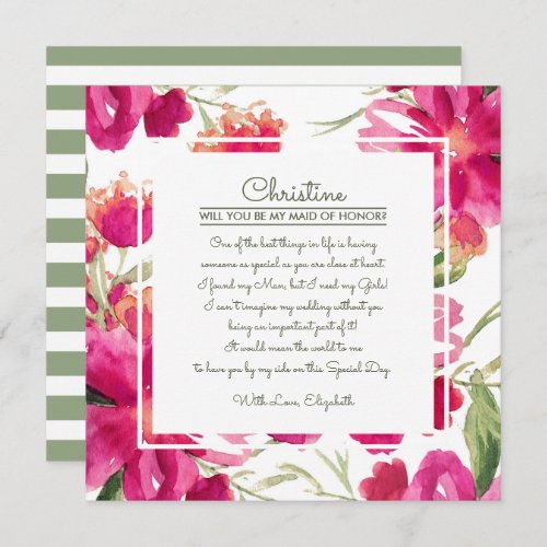 Will you be my Maid of Honor Fuchsia Green Floral Invitation