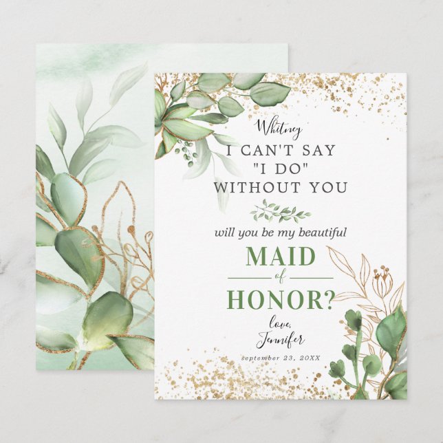 Will you be my Maid of Honor | Greenery Gold Invitation (Front/Back)