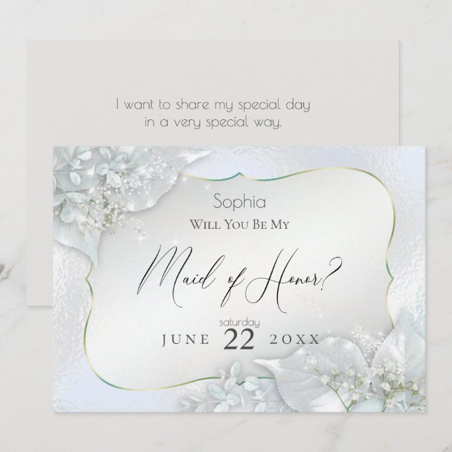 Will You Be My Maid of Honor Icy Blue Shimmer Invitation (Front/Back)