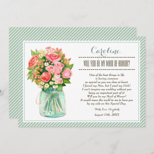 Will you be my Maid of Honor Mason Jar Floral Invitation