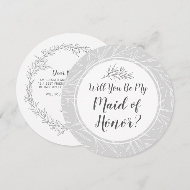 Will You Be My Maid of Honor Modern Botanical Leaf Invitation (Front/Back)