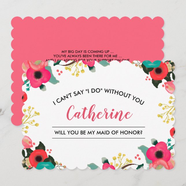 Will you be my Maid of Honor? Modern Floral Invitation (Front/Back)