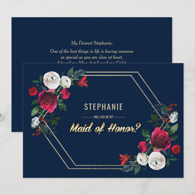 Will you be my Maid of Honor? Navy Blue Burgundy Invitation (Front/Back)