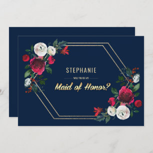 Will you be my Maid of Honor? Navy Blue Burgundy Invitation