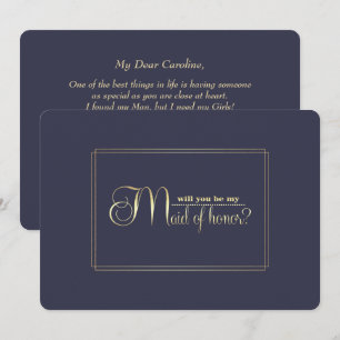 Will you be my Maid of Honor? Navy Blue Gold Invitation