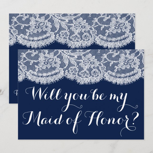 Will You Be My Maid of Honor? Navy Blue & Lace Invitation (Front/Back)