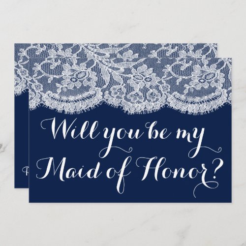 Will You Be My Maid of Honor Navy Blue  Lace Invitation