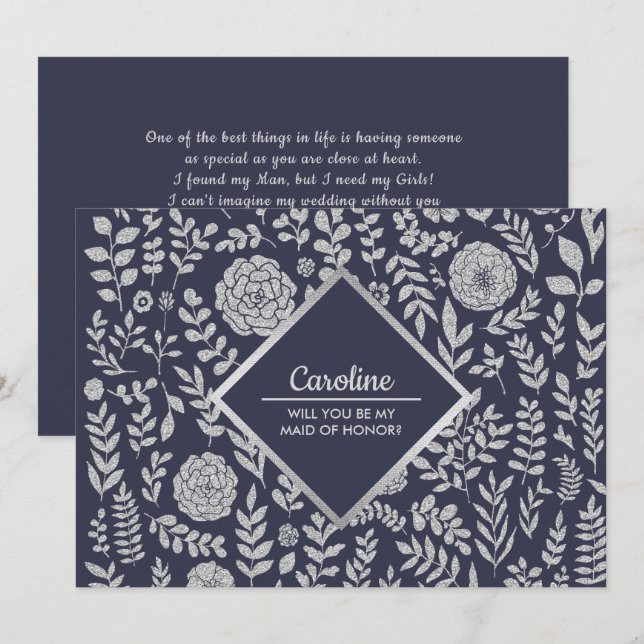 Will you be my Maid of Honor? Navy Blue Silver Invitation (Front/Back)