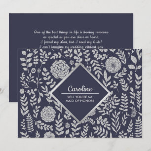 Will you be my Maid of Honor? Navy Blue Silver Invitation