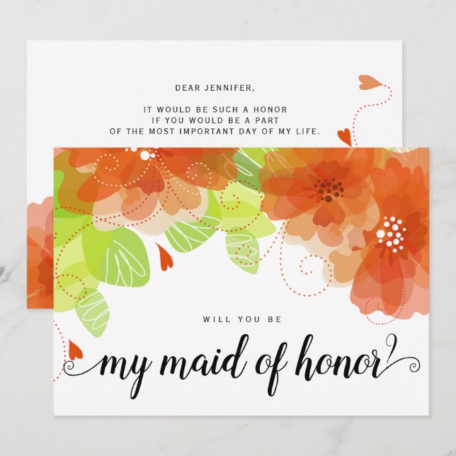 "Will you be my maid of honor" orange flowers card (Front/Back)