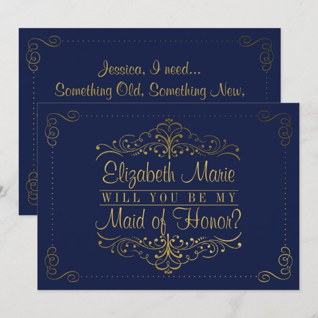 Will You Be My Maid Of Honor? Ornate Navy & Gold Invitation (Front/Back)