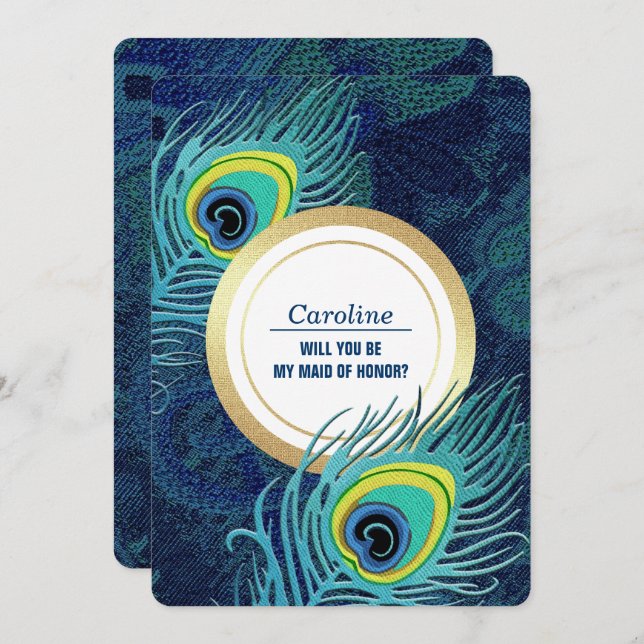 Will you be my Maid of Honor? Peacock Feather Invitation (Front/Back)